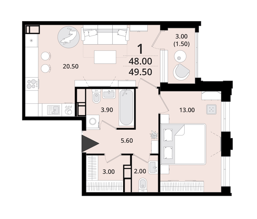 1-комнатная квартира 48.2 м², 10/13 эт., ЖК «Тайм Сквер»